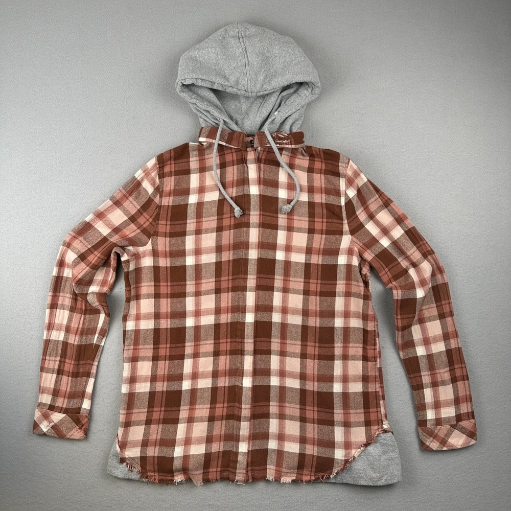 BKE Hooded Flannel Shirt Women L Brown Pink Plaid Boyfriend Distressed Layered